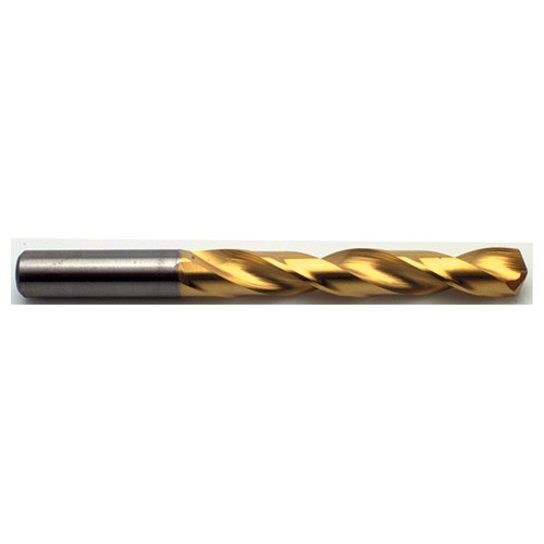 ‎35/64″ Dia. × 35/64″ Shank × 2-1/8″ Flute Length × 4-1/4″ OAL, 3xD, 142°, AlTiN, 2 Flute, External Coolant, Round Solid Carbide Drill